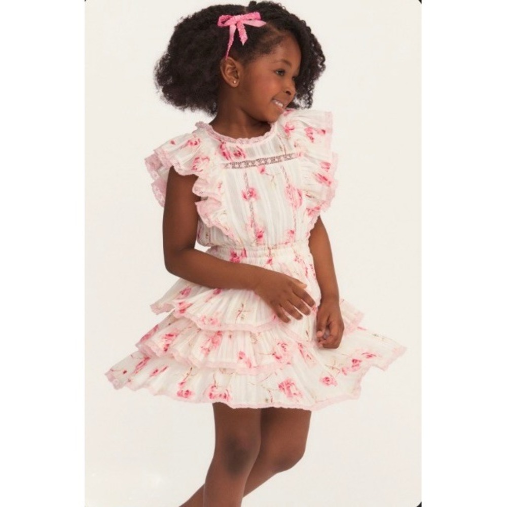 LoveShackFancy Decker Dress Girls 7-8 Pink Floral Ruffle Lace Cotton Tiered